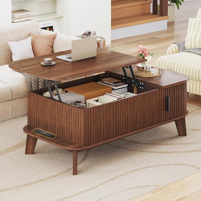 HUAHUU 37.4" Lift Top Coffee Table with Storage, Mid Century Modern Coffee Table with Sliding Fluted Doors for Living Room, Home Office, Walnut
