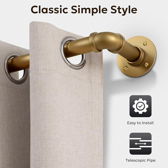 Zeerobee Curtain Rods for Windows 72 to 144, 1 Inch Industrial Wrap Around Warm Gold Curtain Rod, Indoor/Outdoor Room Divider Adjustable Drapery Pole, 72"-144"