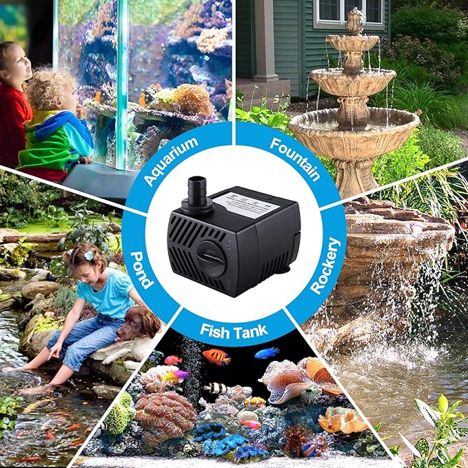 CWKJ Fountain Pump, 80GPH(4W 300L/H) Submersible Water Pump, Durable Outdoor Fountain Water Pump with 7.2ft(2.2m) Power Cord, 3 Nozzles for Aquarium, Pond, Fish Tank, Water Pump Hydroponics, Fountain
