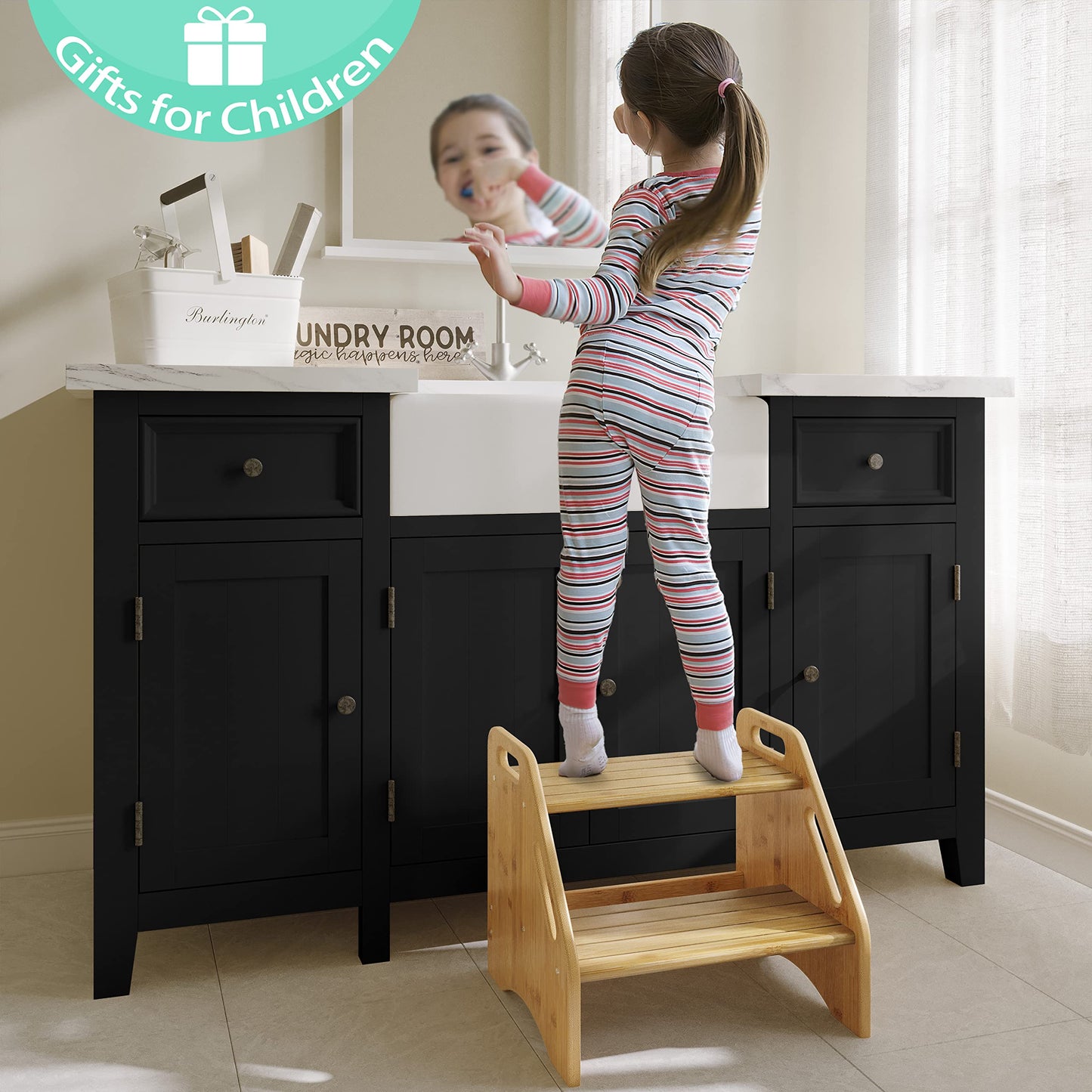 AMBIRD Wooden Step Stool, Two Step Stools Toddler 300 lbs Capacity with Safety Non-Slip Pads and Handles, Bamboo Step Stool for Bathroom, Kitchen Dual Height Step Stools for Kids (Natural)