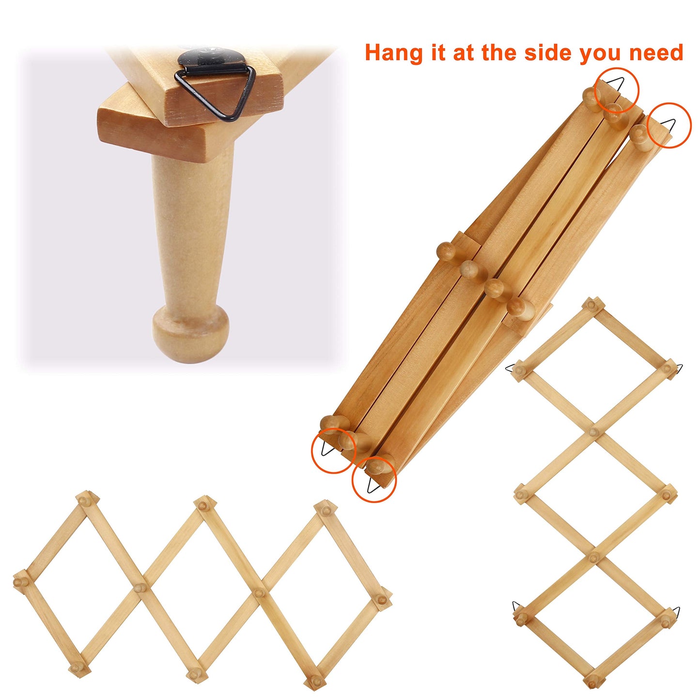 Dseap Accordian Wall Hanger: 16” High Wooden Wall Expandable Coat Rack, Hat Rack Holder, Accordion Hook for Baseball Caps, Coats, Mugs, 10 Peg Hooks, Natural