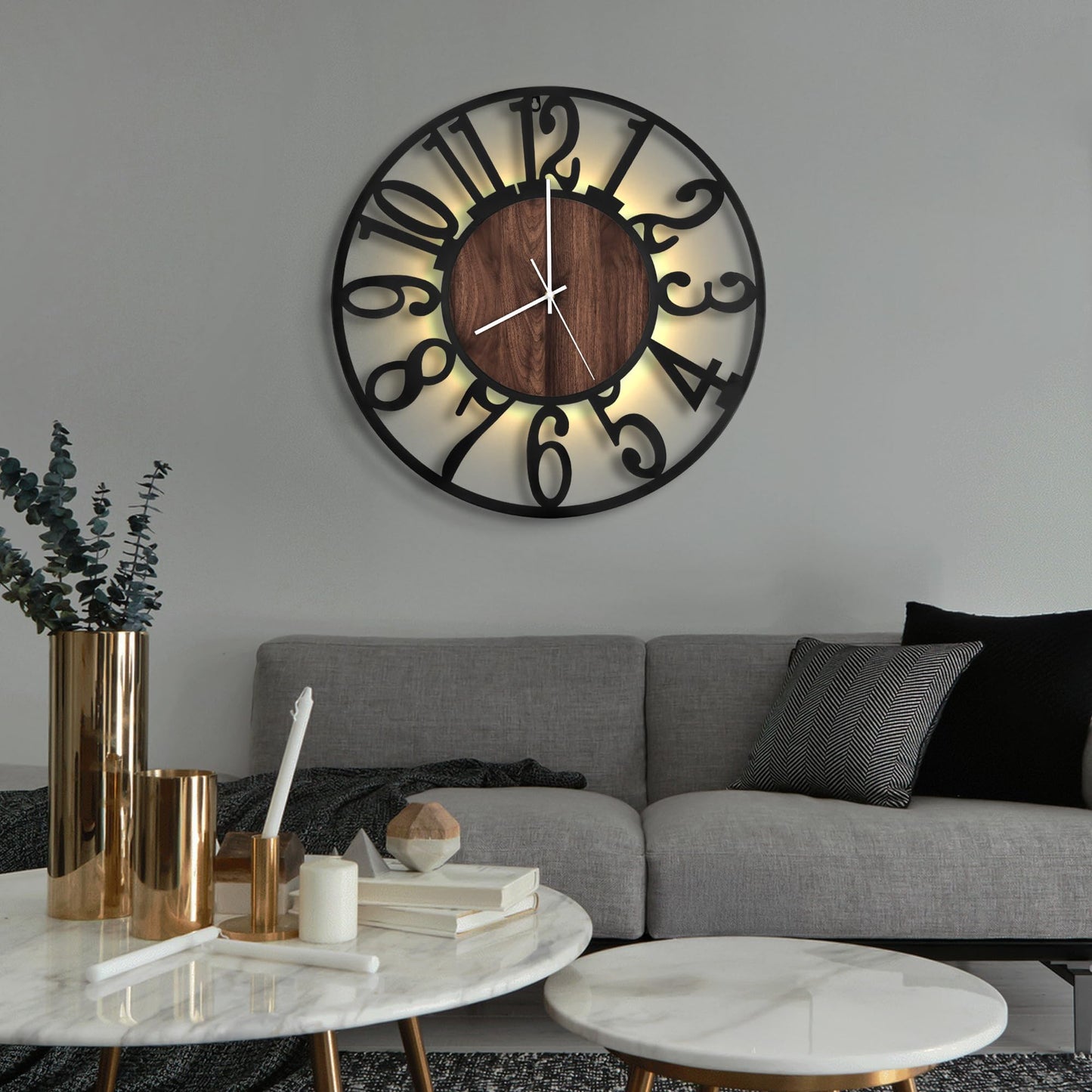 LEIKE Large Wall Clocks with Night Light Battery Operated,Silent Non Ticking,Rustic Modern Big Wood Clock for Living Room, Bedroom,Kitchen,Farmhouse,Office,Home Decor-20 Inch(Black-Arabic Number)