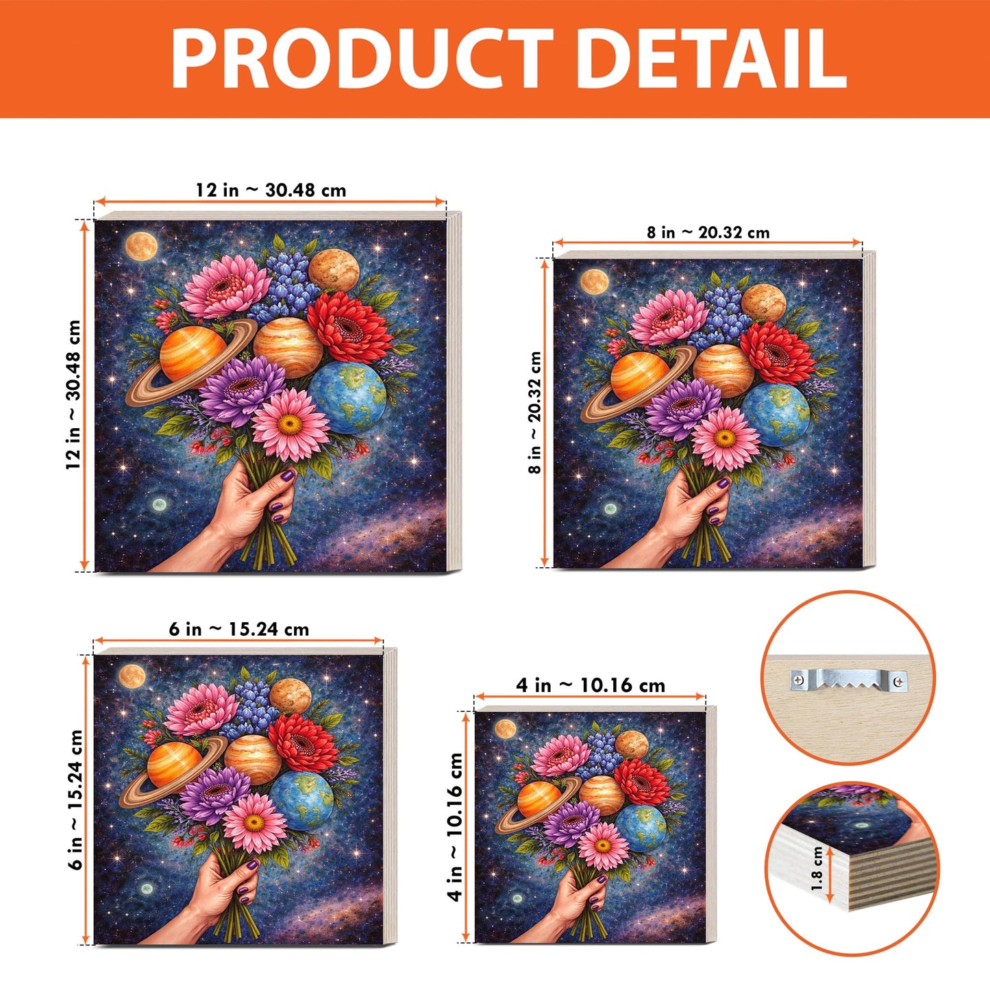 Cosmic Floral Wooden Block Sign, Celestial Flower Bouquet Decor, Galaxy Planet Art Shelf Sitter, Boho Space Table Mantel Tiered Tray Decor Gift for Astronomy Lover
