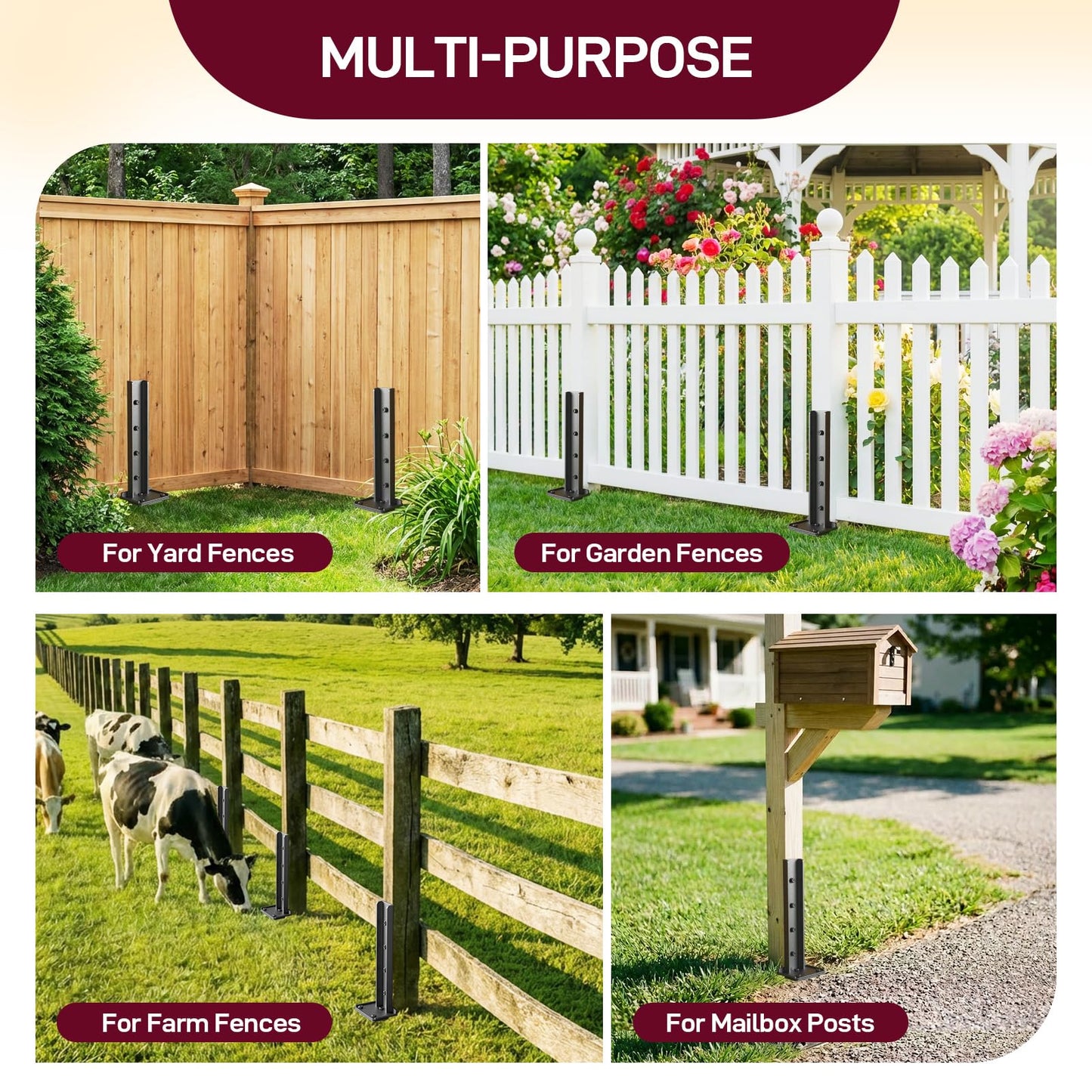 Goovilla Fence Post Repair Kit, 4Pcs Heavy Duty Fence Post Anchor Ground Stakes, Robust Quick-Fix Wood Support for Broken/Leaning/Tilted/Degraded Wood with Gloves/Installation, Easy to Install,Black