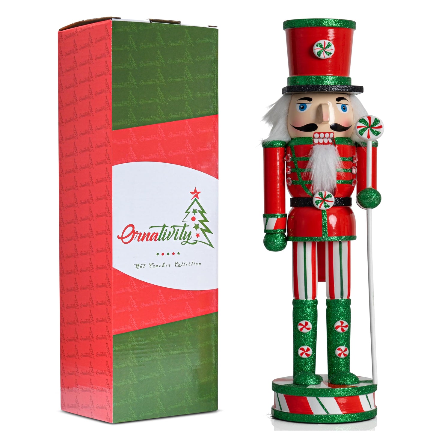 Ornativity Wooden Peppermint Christmas Nutcracker - Red, White and Green Glitter Candy Themed Xmas Holiday Nut Cracker Doll Figure Toy Soldier Decorations 15"