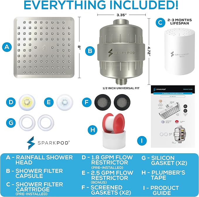 SparkPod 23-Stage Filtered Shower Head, 8" Square, Brushed Nickel | Filtered Shower Head for Hard Water Filter, High Pressure, Reduces Chlorine, Heavy Metals, For Dry Skin & Hair