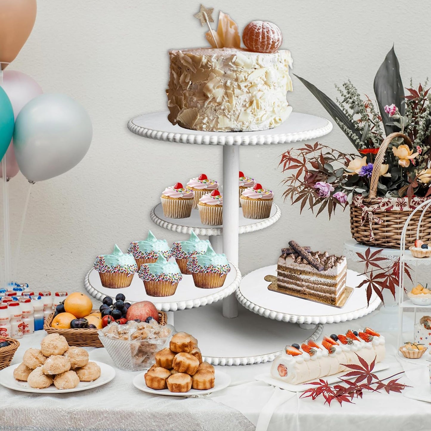 GENMOUS 2PCS 3 Tier and 4 Tier Beaded Cupcake Stand Set for Birthday Party Decor,Rustic Wooden Cupcake Tower Stands for 74 Cupcakes,White Cupcake Tiered Stand Display for Wedding Baby Shower Tea Party