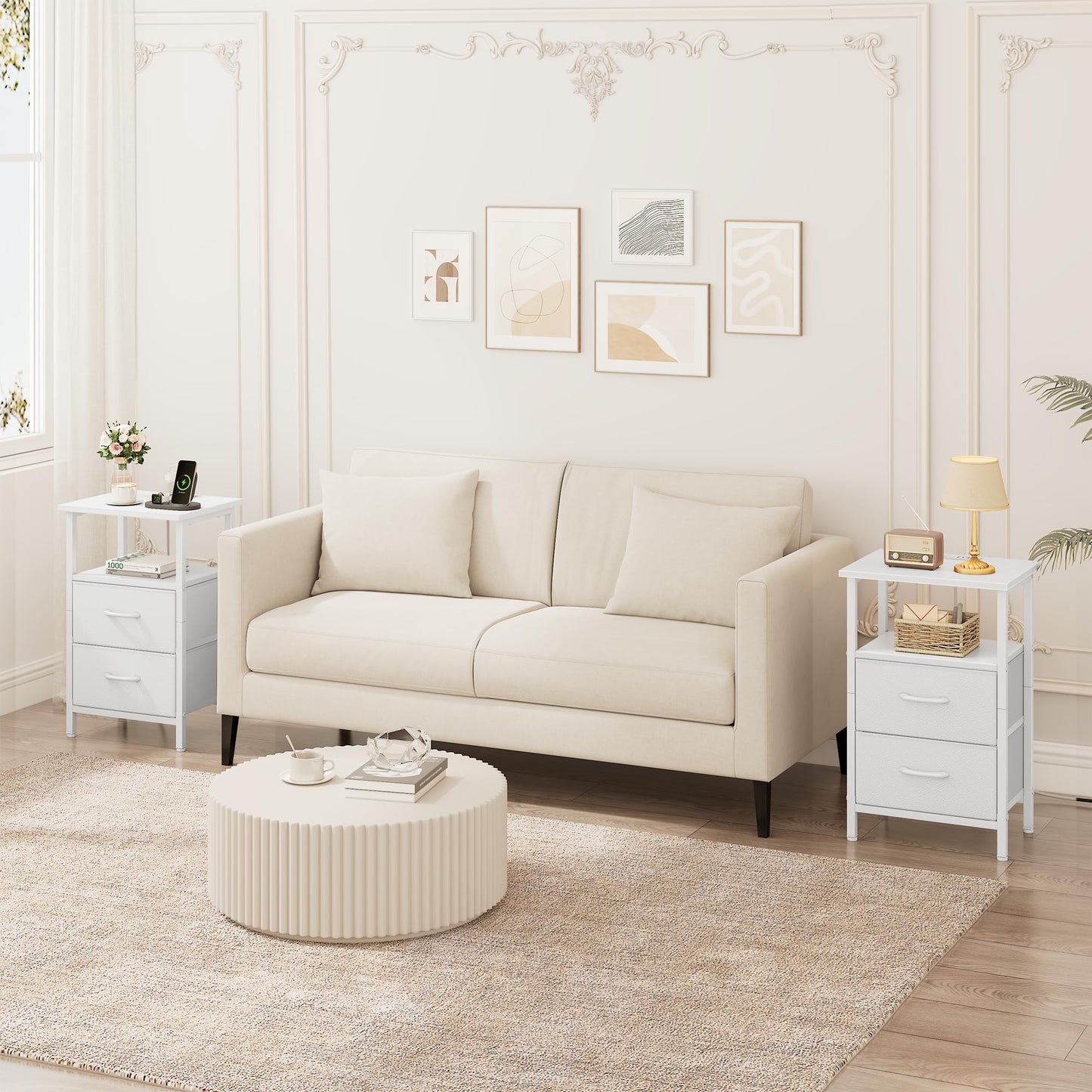 Vagusicc Nightstand Set 2 with Charging Station, End Table with Fabric Drawers, Bedside Table with Open Wood Shelf, 24.2" Tall Side Table with USB Ports & Outlets, Night Stand for Bedroom, White