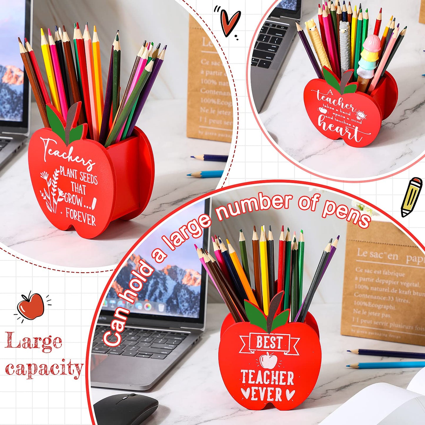 Fuutreo 8 Pcs Teacher End of Year Gifts Teacher Appreciation Gifts Pencil Holder Apple Wooden Pencil Holder Thank You Pencils Organizer for Classroom School Desktop