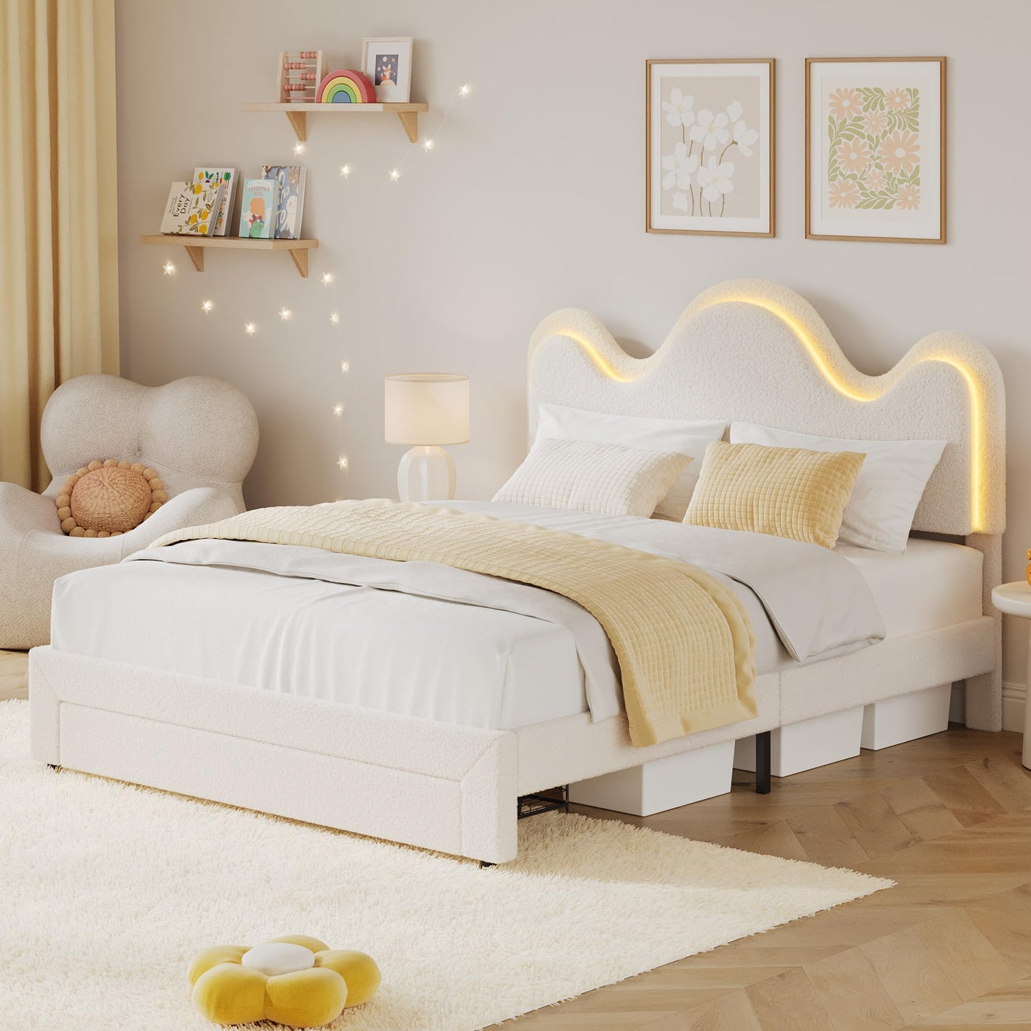 GarveeHome Full Bed Frame with Adjustable Headboard and Storage Drawer, Boucle Upholstered Platform Bed with LED Light for Kids, Lamb Fleece Fabric, Wooden Slats Support, No Box Spring Needed, White