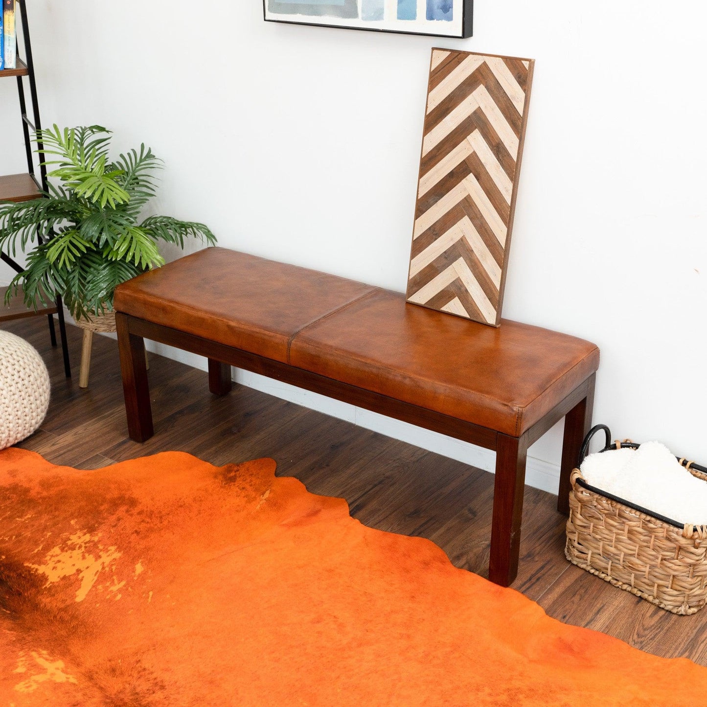 GDFStudio Mid-Century Modern Entry Bench, Tan Genuine Leather Rectangle Ottoman with Solid Wood Legs, Upholstered Dining Room Bench for Bedroom Living Room Hallway Indoor Home Furniture, Brown
