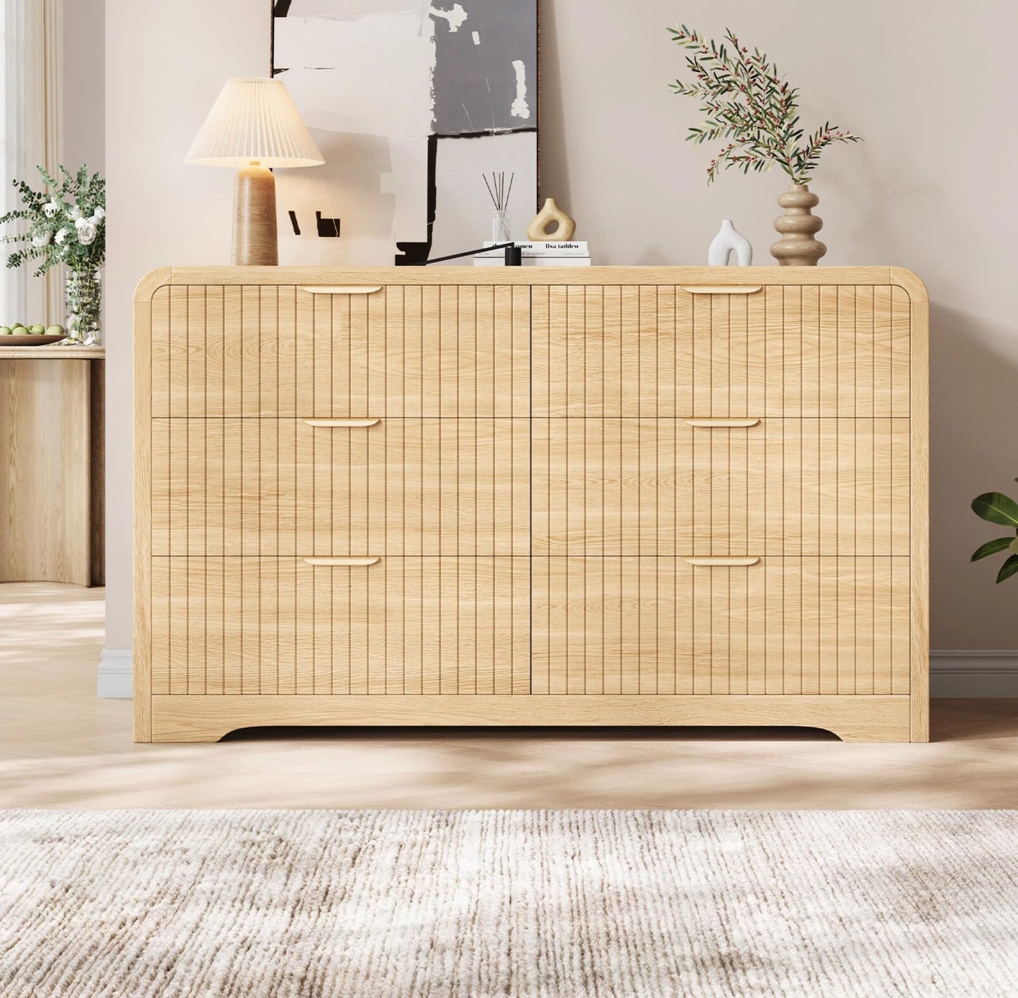 Jocoevol Modern 6 Drawer Dresser, 47" Wide Wood Dressers & Chests of Drawers Curved Profile Design, Mid Century Modern Fluted Dresser for Bedroom, Natural Oak
