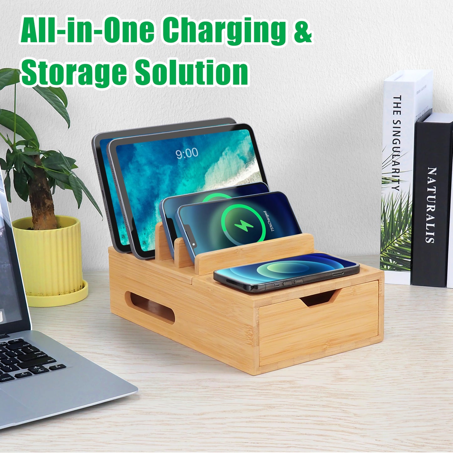 Bamboo Charging Station for Multiple Devices, Desktop Charger Organizer with Tray& Drawer, Wooden Docking Station for Smart Devices, Cell Phone, Tablet,Watch (Include 6 Cables, 5 Port USB Charger)