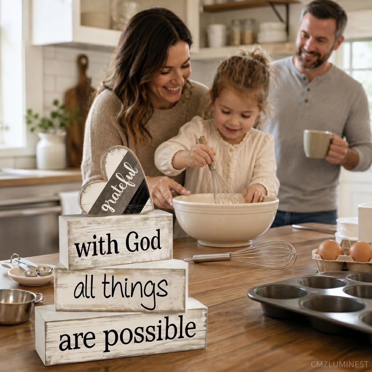 4 Pcs Christian Farmhouse Table Decor, Religious Wooden Farmhouse Tiered Tray Decorations with Heart Grateful Sign, With God All Things Are Possible Home Decor for Kitchen, Office, Mantel, Coffee Bar