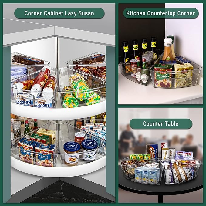 JEISSLIA Lazy Susan Cabinet Organizer Bins for 26"/ 28"/ 32" Diameter Corner Organizer, Plastic Cabinet Storage Bin, 1/8 Wedge - Food Safe, BPA Free, with Non-Slip Pads (for 32" Diameter, 8 Pack)