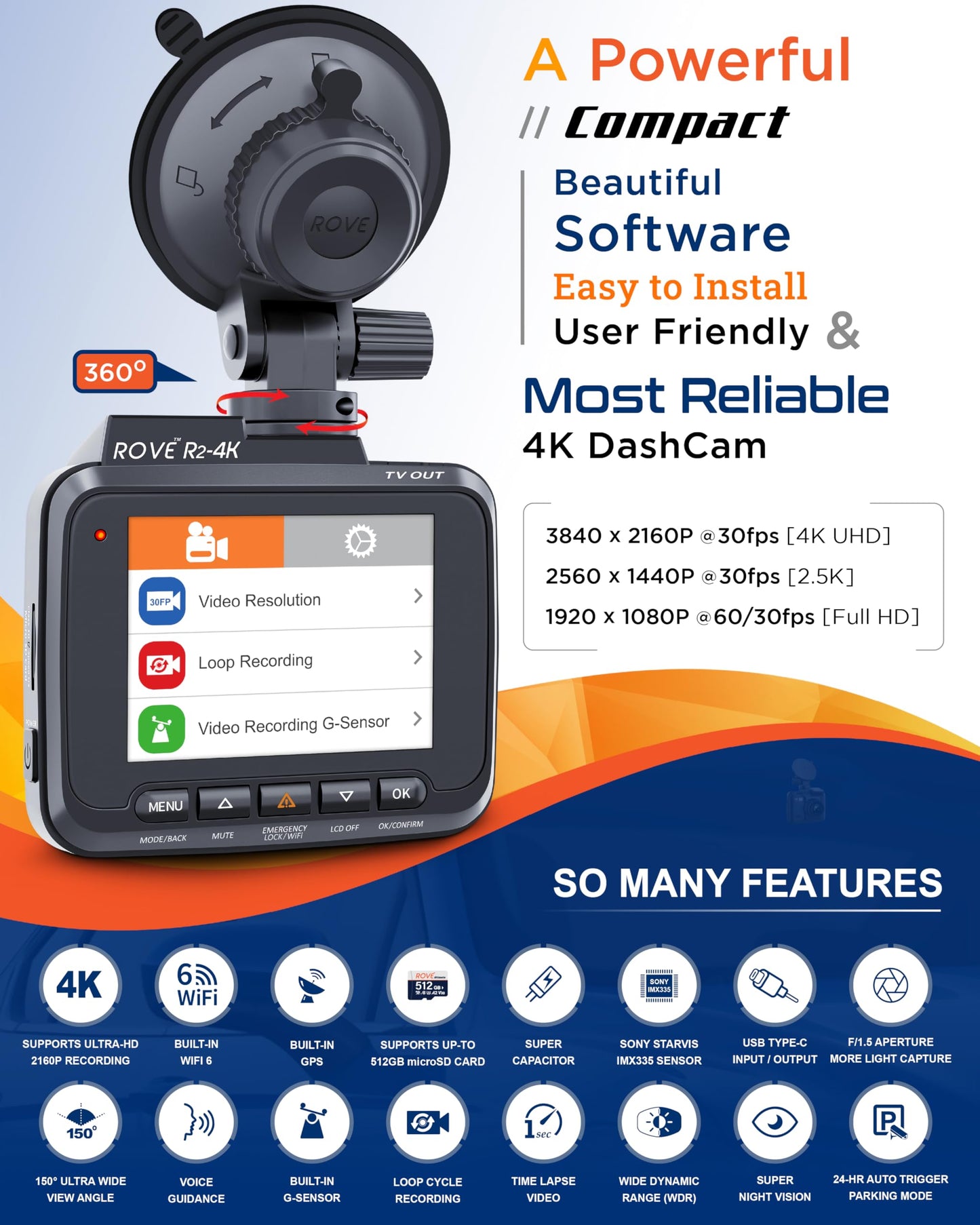 ROVE R2-4K Dash Cam Built-in WiFi 6 GPS Car Dashboard Camera Recorder with UHD 2160P, 2.4" IPS Screen, 150° Wide Angle, WDR, Night Vision