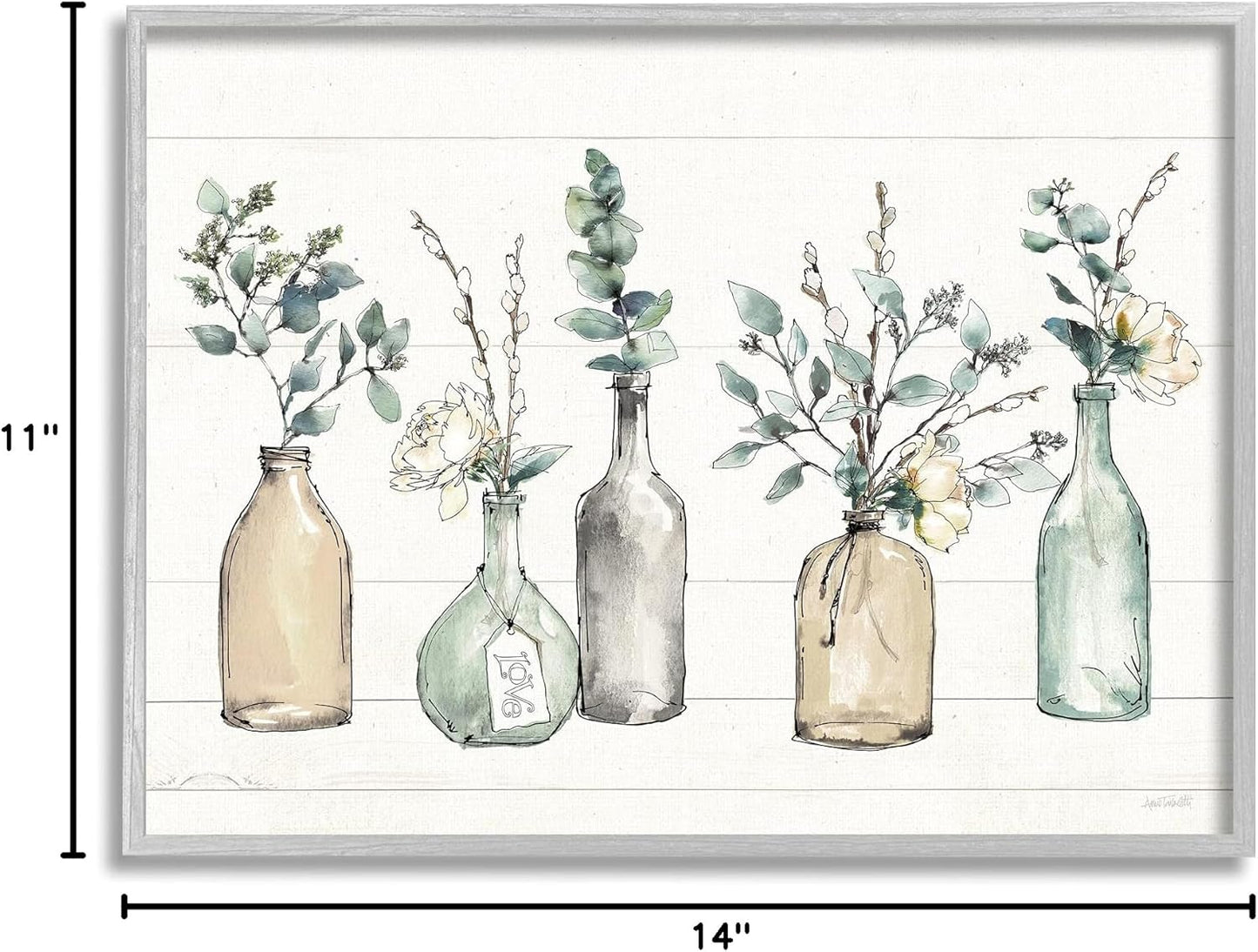 Stupell Industries Bottles and Plants Farm Wood Textured, Design by Anne Tavoletti Wall Art, 11 x 14, Multi-Color for Living Room, Grey Framed