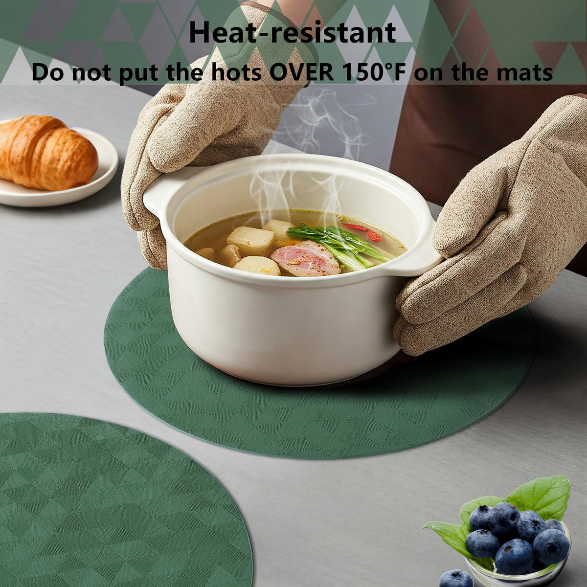 Jovono Upgraded 15" Round Placemats Set of 8, Waterproof & Oil-Proof, Non-Slip Reversible Washable Big Table Mats, Spill-Proof for Kids Families, Restaurant, Hotel, Kitchen, Indoor, Green