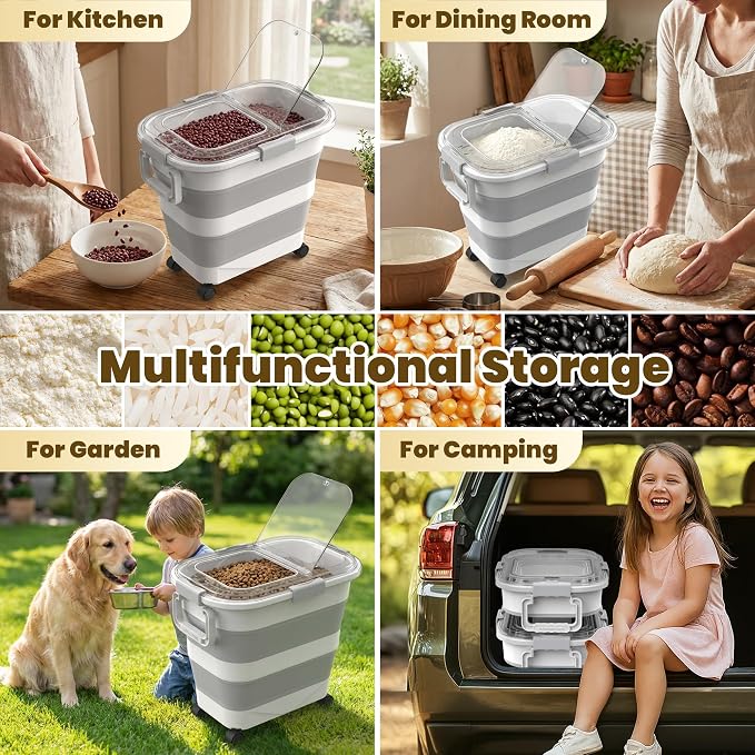 25-35Lbs Rice Container,Collapsible Food Storage Containers with Transparent Airtight Lid,Wheels,Rice Storage Container with Small Bin and Scoop,Rice Dispenser for Flour Sugar Cereal Grain Dog Cat