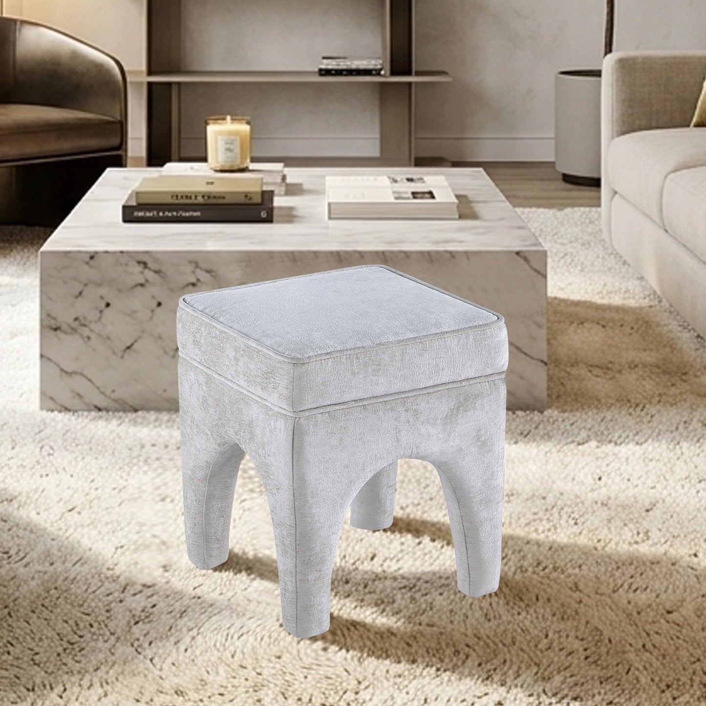 Get Set Style Upholstered Textured Woven Accent Stool, Arched Solid Wood Leg Ottoman Foot Rest, Square Decorative Bench for Living Room Entryway Bedroom (Ivory)