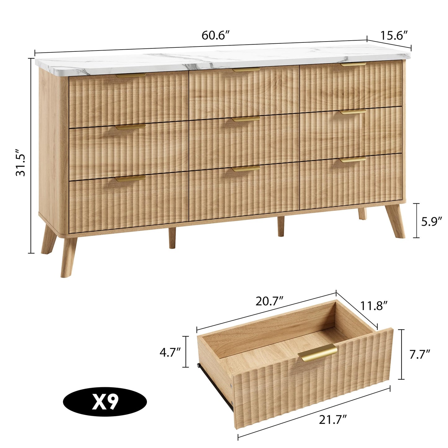 Fluted Dresser for Bedroom with 9 Deep Drawers, 60.6" Wide Modern Chest of Drawer with Faux Marble Top, Wooden Dresser TV Stand, Curved Profile Design, for Living Room, Kids Room, Hallway, Natural Oak