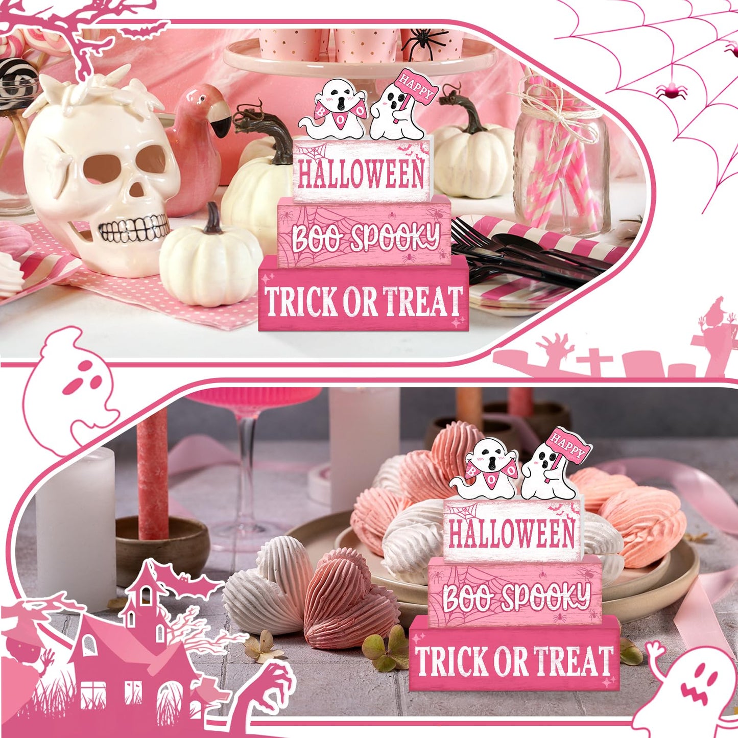 4 Pcs Pink Halloween Decor Indoor Wooden Tiered Tray Decorations, Pink Ghost Halloween Table Decor Farmhouse Tabletop Centerpieces for Farmhouse Home Kitchen Mantel Office