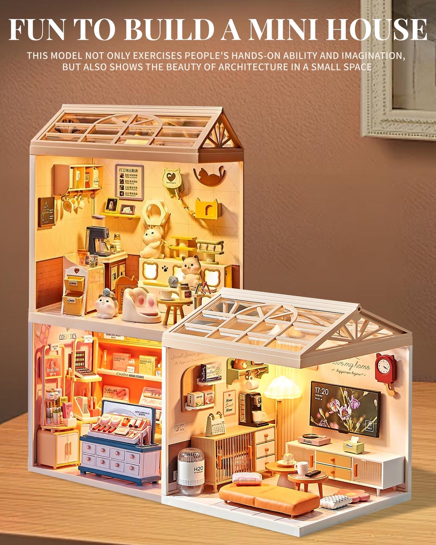 Kisoy DIY Miniature House Kit, Tiny House Kit with Furniture and LED Light, Mini Blocks Model Kit Sets, DIY Crafts/Hobbies Toys for Adults and Teens (Living Room)