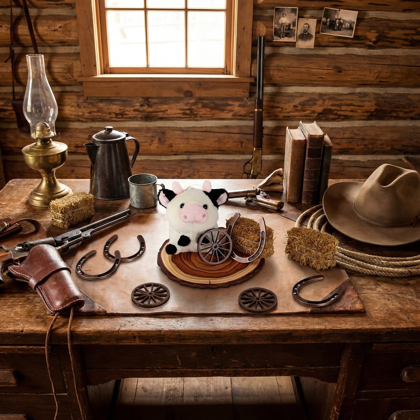 Tasdurian 6 set Western Themed Party Decorations Cowboy Table Centerpieces Cow Plush Hay Bales Lucky Horseshoe Wooden Wagon Wheel Decor for Crafts Western Cowboy Party Birthday Wedding Favors Supplies