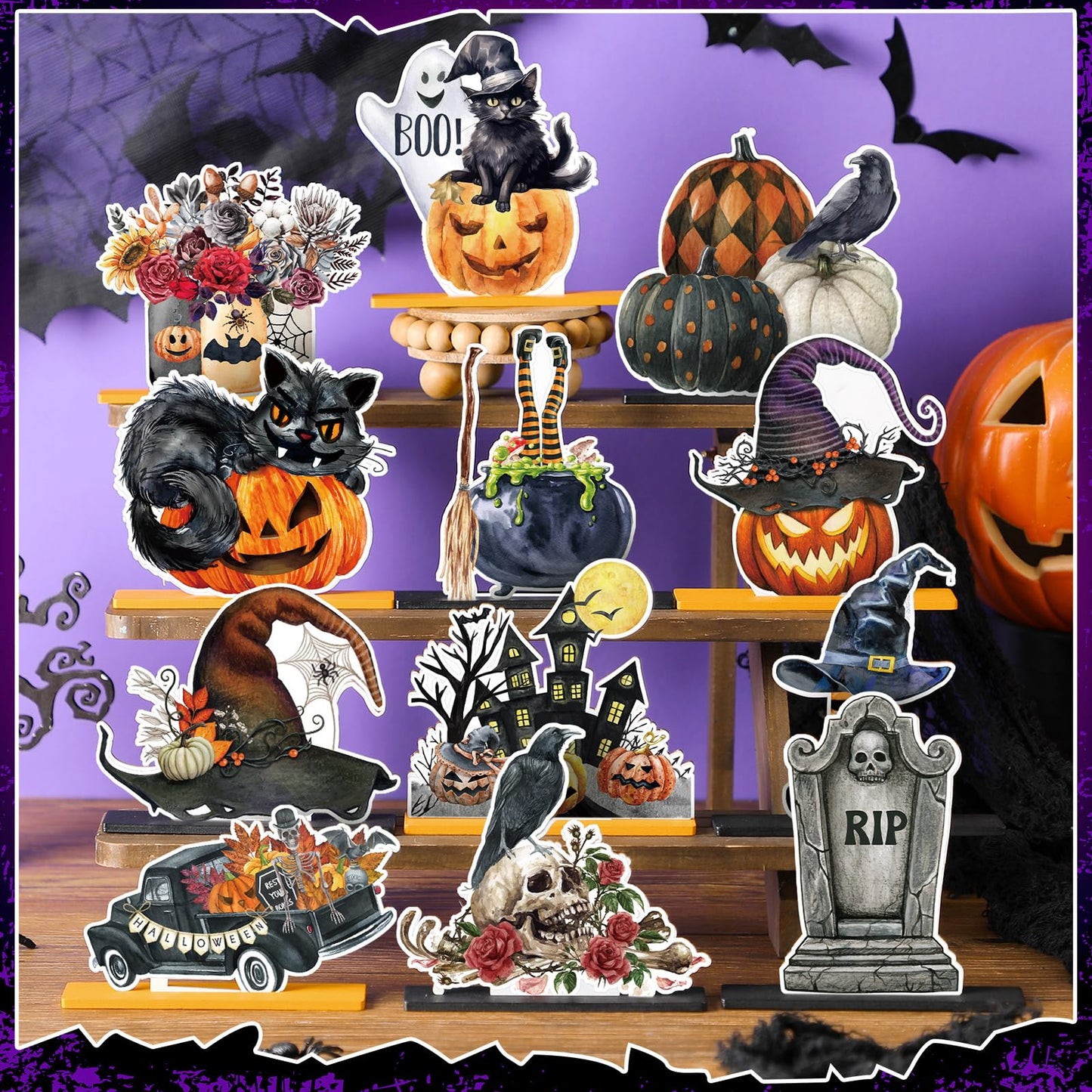 Marsui 12 pcs Halloween Wooden Decor Table Centerpieces Decorations for Home Spooky Halloween Pumpkin Ghost Black Cat Wooden Sign Wood Blocks Sign Home Decoration Tiered Tray Decor for Kitchen Shelf