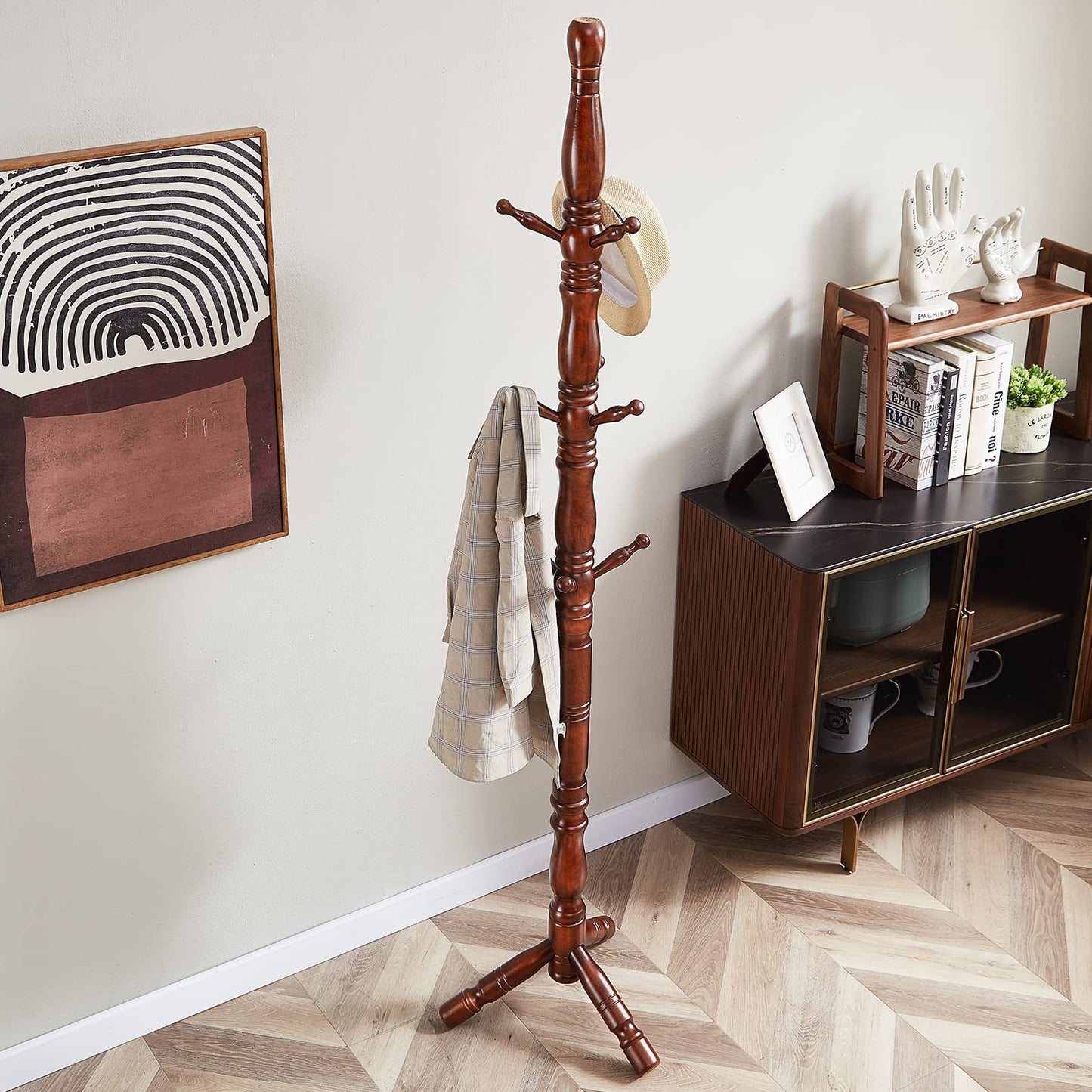 SUOHUI Coat Rack, Natural Wood Coat Racks with 3 Height Options and 9 Hooks,Coat Tree Ease of Assembly,Freestanding Hall Tree for Home/Office/Entryway/Hallway (Walnut)