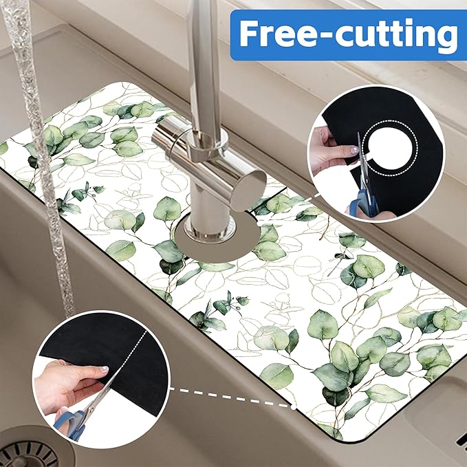 Watercolor Gold Eucalyptus Branch Dish Drying Mat