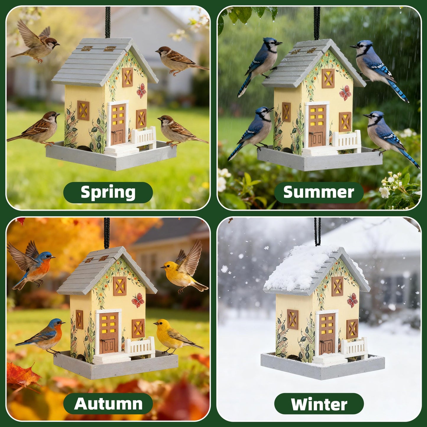 MEWANG Outdoor Hanging Bird Feeder, Decorative Wooden Bird House Without Camera for Hummingbirds, Cardinals & Bluebirds (Light Yellow)