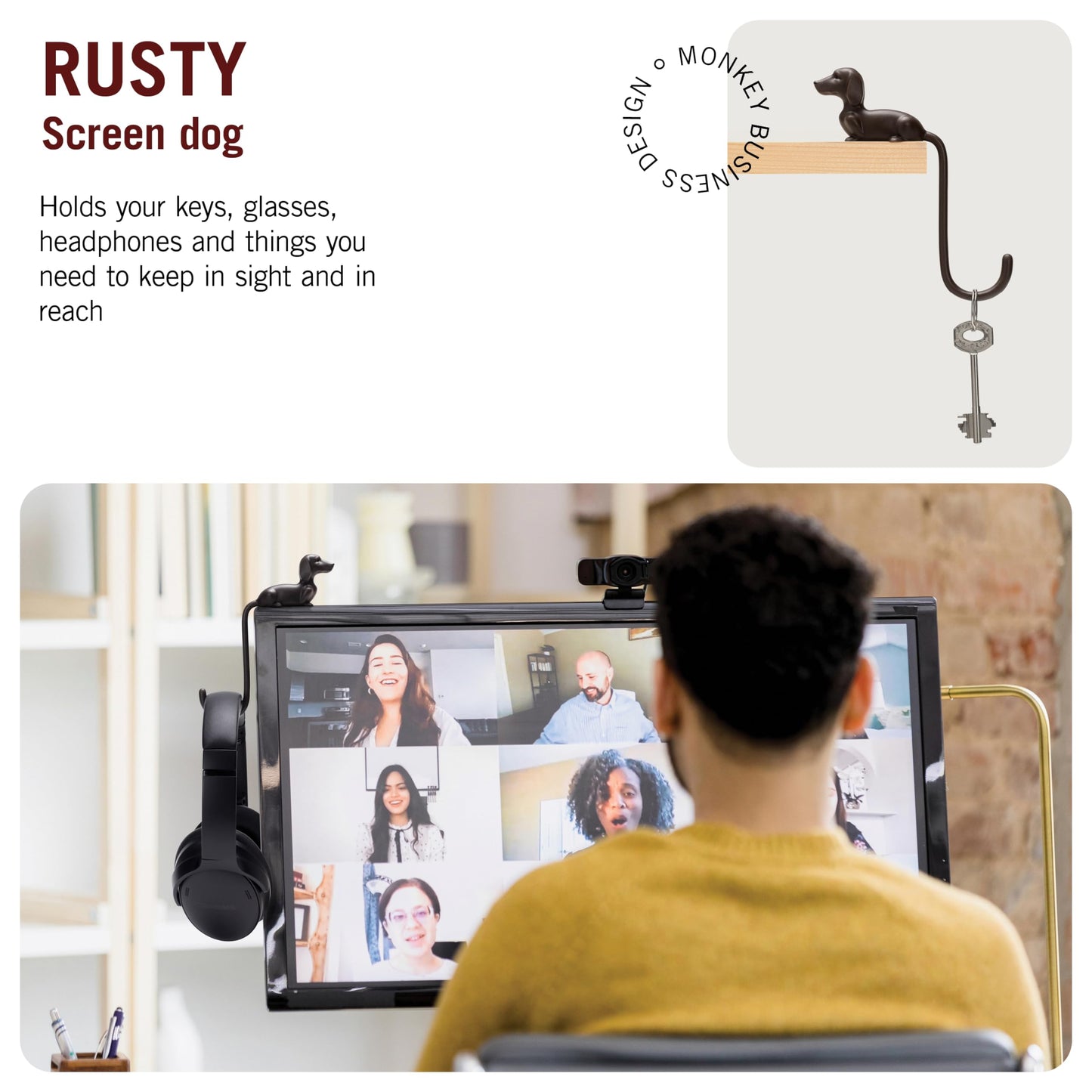 Monkey Business Rusty The Dog Tail Hook for Computer Screen, Desk Headphone Hanger Organizer Decorative Hooks, Adhesive Hook for Hanging Keys Cables Hats and Computer Accessories