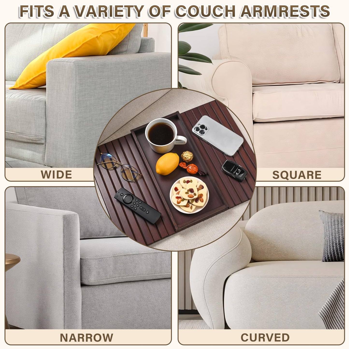 YUBAMIN Bamboo Sofa Arm Tray, Anti-Dropping Couch Arm Tray, Foldable Sofa Armrest Tray Couch Arm Table for Eats, Drinks, Snacks, Remote, Cellphone, Cup Holder, Back Anti-Slip Pad Design