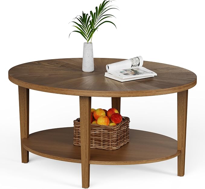 Solid Wood Oval Coffee Table for Living Room, 2 Tier Farmhouse Coffee Table with Storage Shelf, Double Layer Center Table for Living Room, Easy Assembly