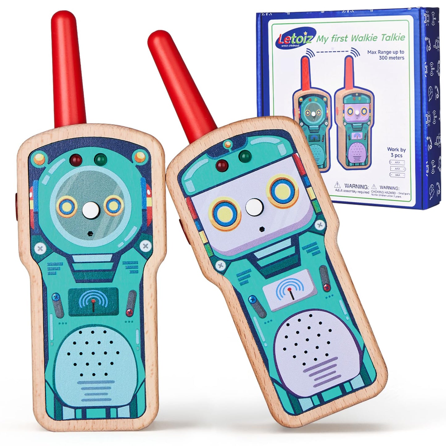Letoiz Toy Car Garage with Rails, Wooden Parking Garage Toy Playset w/Elevator & Robot Walkie Talkie for Kids, 2 Pack Wooden Handheld Walkie-Talkie for Boys and Girls