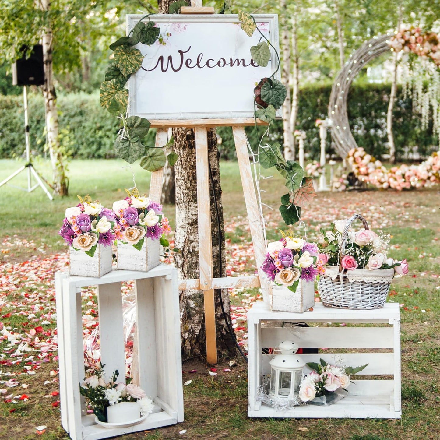 Dandat 4 Sets 4 Inch Wooden Cube Planter Boxes for Centerpiece Flower White Wood Rustic Square Vase with Removable Plastic Liner Floral Foam Block for Garden Wedding Home Arrangement Decor