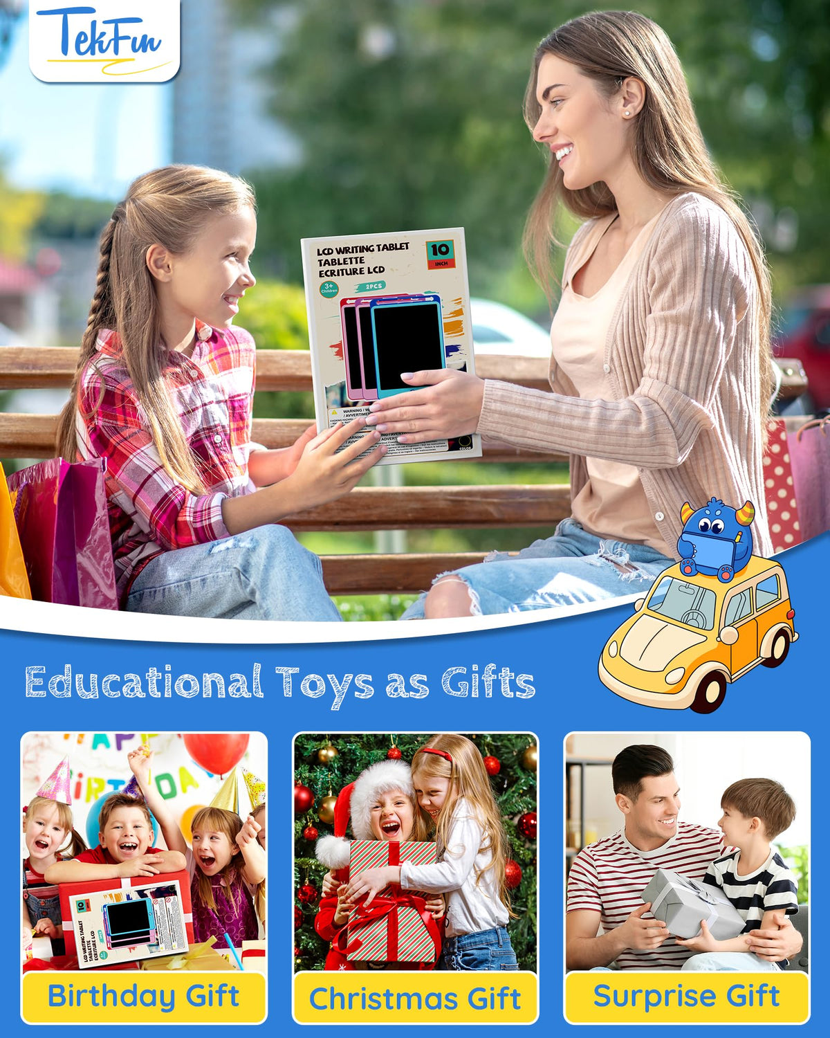 TEKFUN 2 Pack LCD Writing Tablet for Kids, 10 Inch Blue+Pink Doodle Board Drawing Board Reusable Drawing Tablet with Lanyard, Educational Kids Toddler Toys Birthday Gift for Boys Girls 3-12 Years Old