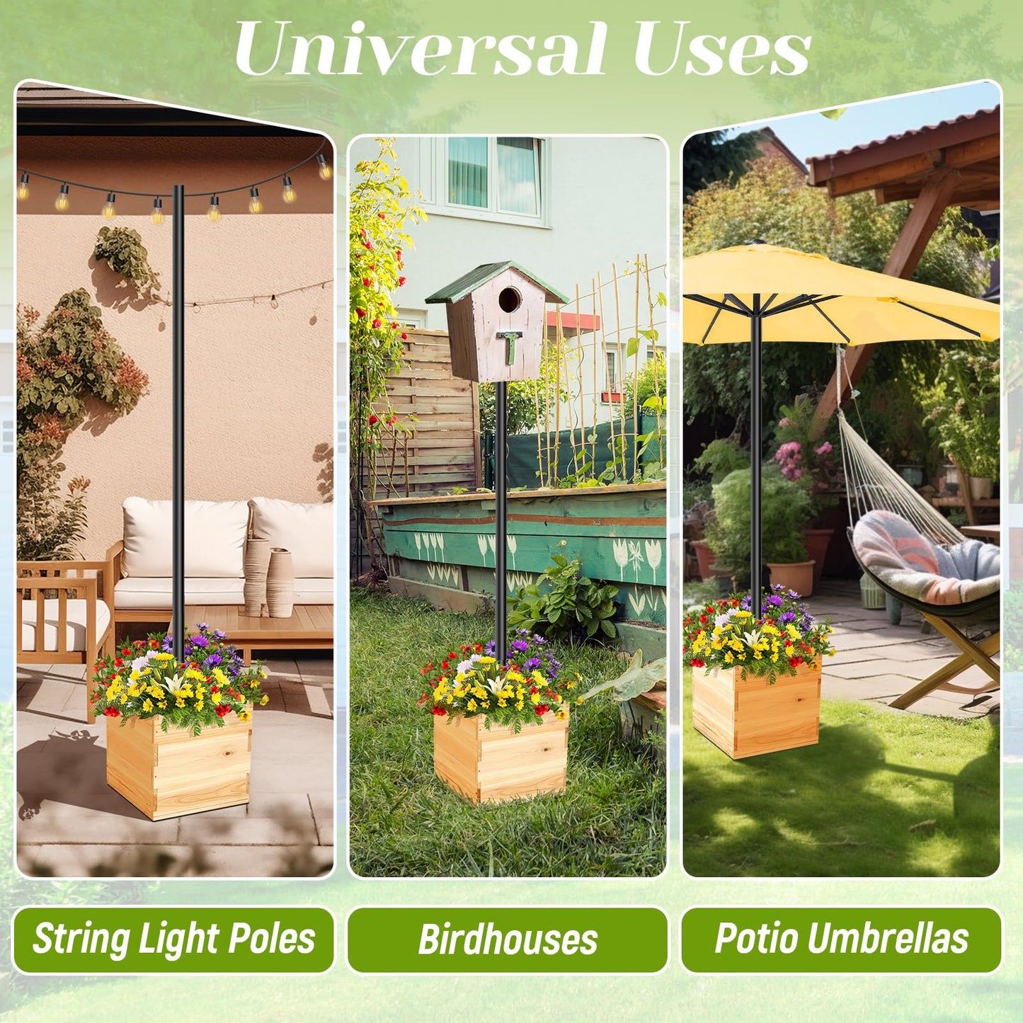 Wonderjune Large Decorative Wooden Planter 15.7" x 15.7" x 15.3" Umbrella Planter Solid Wood Garden Patio Box with Universal Rod Adapter Support for String Light Poles, Umbrellas (Without Pole)