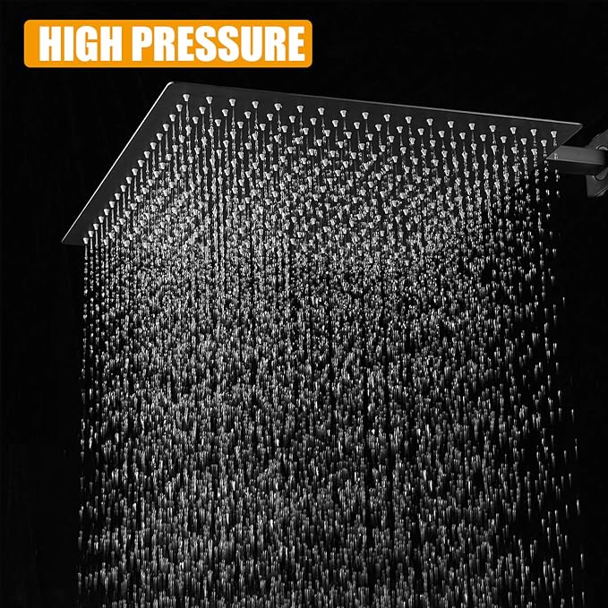 BESy 16 Inch Rain Shower Head, 16" Square Rainfall & High Pressure Stainless Steel Bath Showerhead, 1/16" Ultra Thin, Waterfall Full Body Coverage with Silicone Nozzle, Matte Black Finish