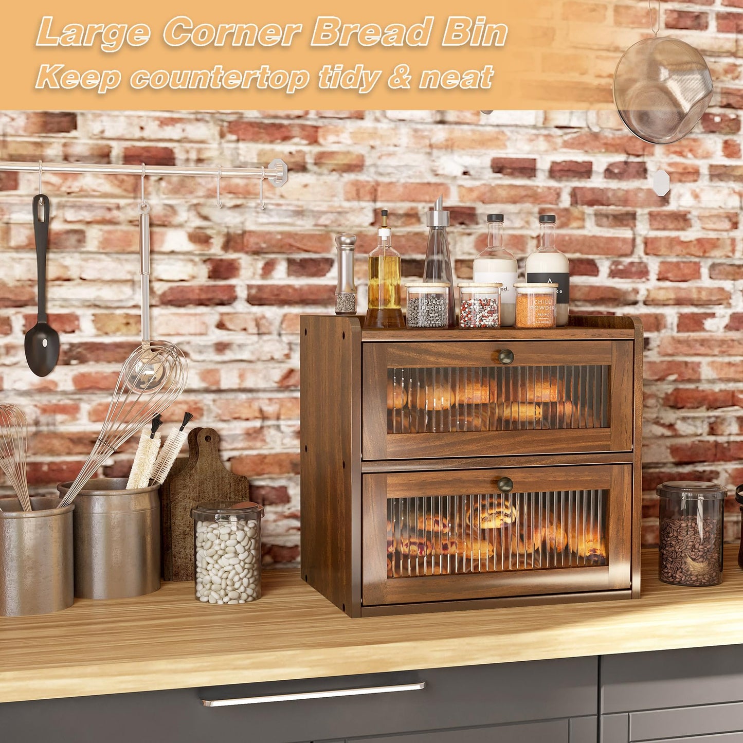 Alpeir Double Layer Large Bread Box for Kitchen Countertop, Retro Brown