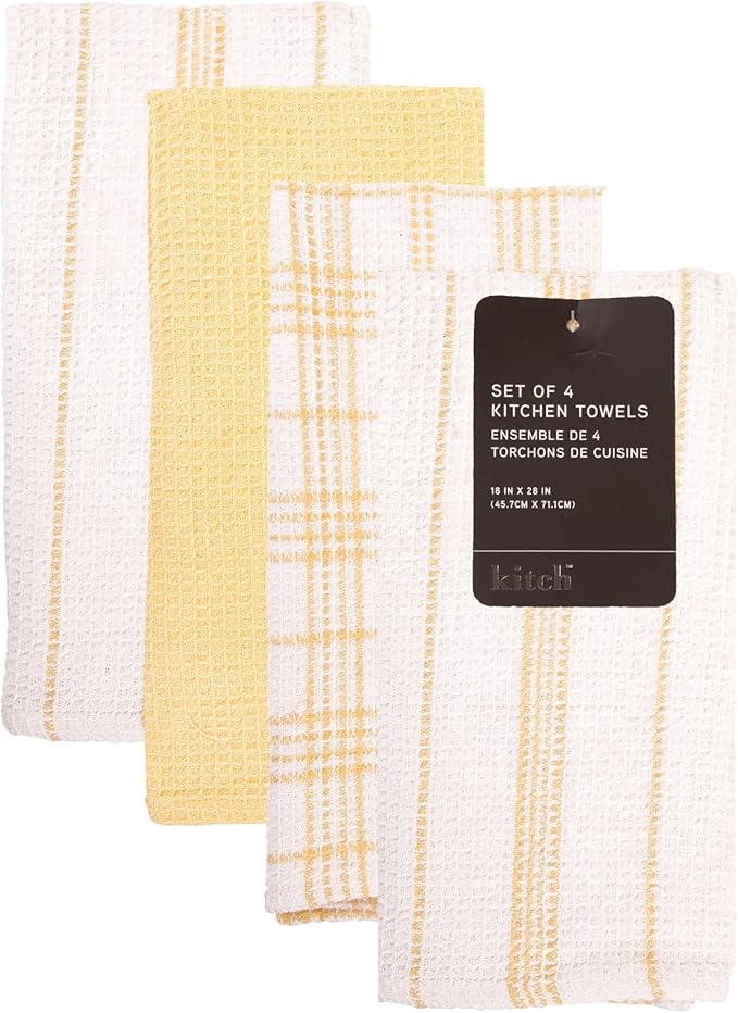 MosJos Kitchen Towels Set of 4 Dish Towels Yellow n White Waffle Weave Cotton