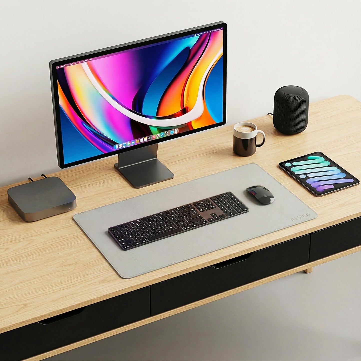 Fenge Dual Monitor Stand with Drawer & Desk Pad Bundle, 42.5 Inch 2-Tier Wood Monitor Riser & 23.6×13.8 Inch Double-Sided Waterproof Mouse Mat for Home Office