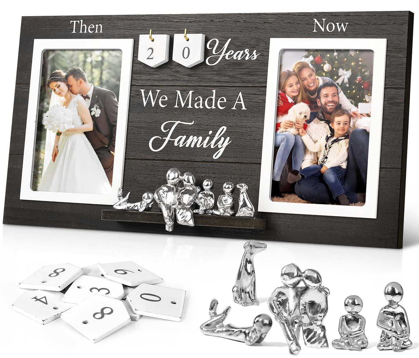 DREAMORIE Then & Now Anniversary Picture Frame with Tin Family Figurines – Rustic Wooden 1-99 Years Wedding Gift for Couples, Custom Number Tiles