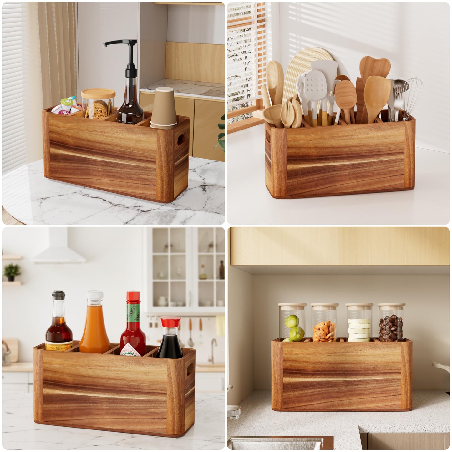 Segtenant Utensil Holder for Kitchen Counter, Extra Large Utensil Holder for Countertop with 4 Compartments Wooden Cooking Utensil Organizer for Spatula Kitchen Storage, Acacia Wood