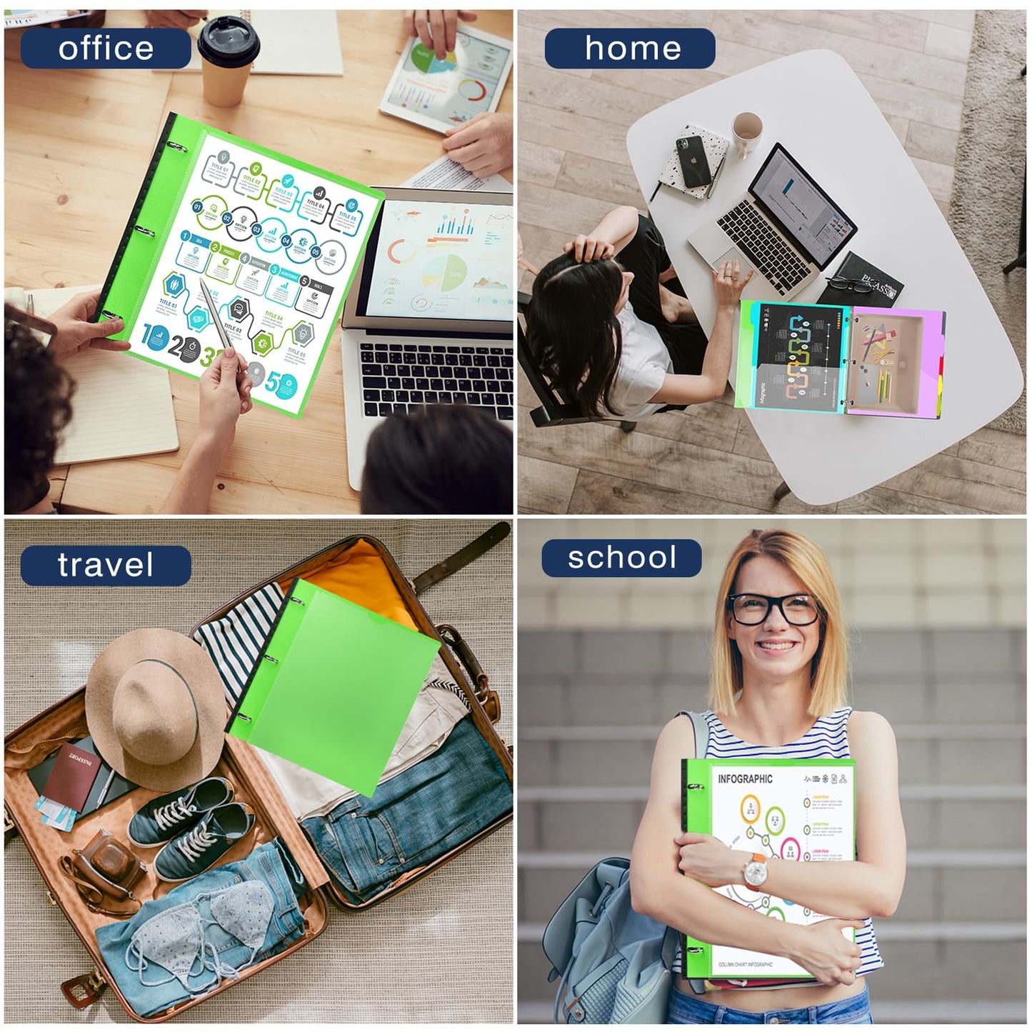 INFUN 1 Inch Telescoping Project Organizer Binder-2PCS,13 Pocket, Customizable Front Cover, 5 Colors Pocket Divider and Plastic Binder Pocket,225 Sheet Capacity-Green