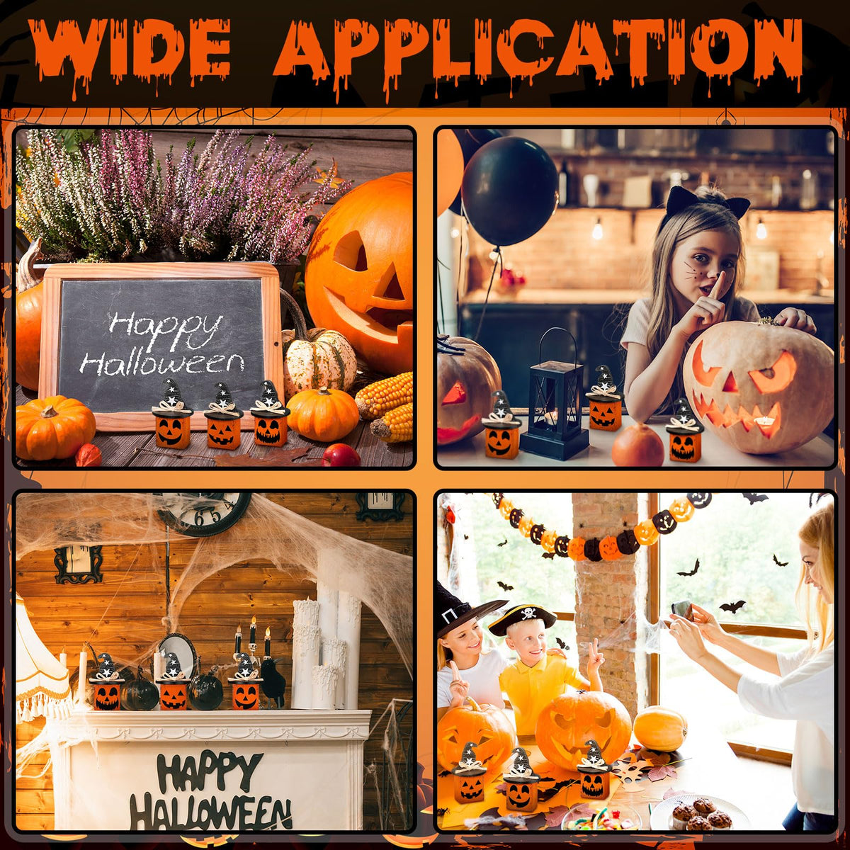 Amyhill 3 Pcs Halloween Ghost Table Decor Pumpkin Witch Hat Wooden Sign Small Halloween Tiered Tray Decor Black and Orange Spooky Pumpkin Face Tabletop Centerpieces for Home Mantel Shelf Office Desk