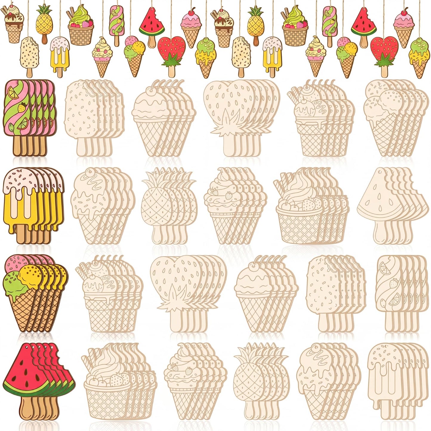 Thyle 120 Pcs Summer Ice Cream Crafts Bulk Wooden Ice Cream Ornaments to Painting DIY Unfinished Blank Wood Cutout for Crafts for Summer Party Activities