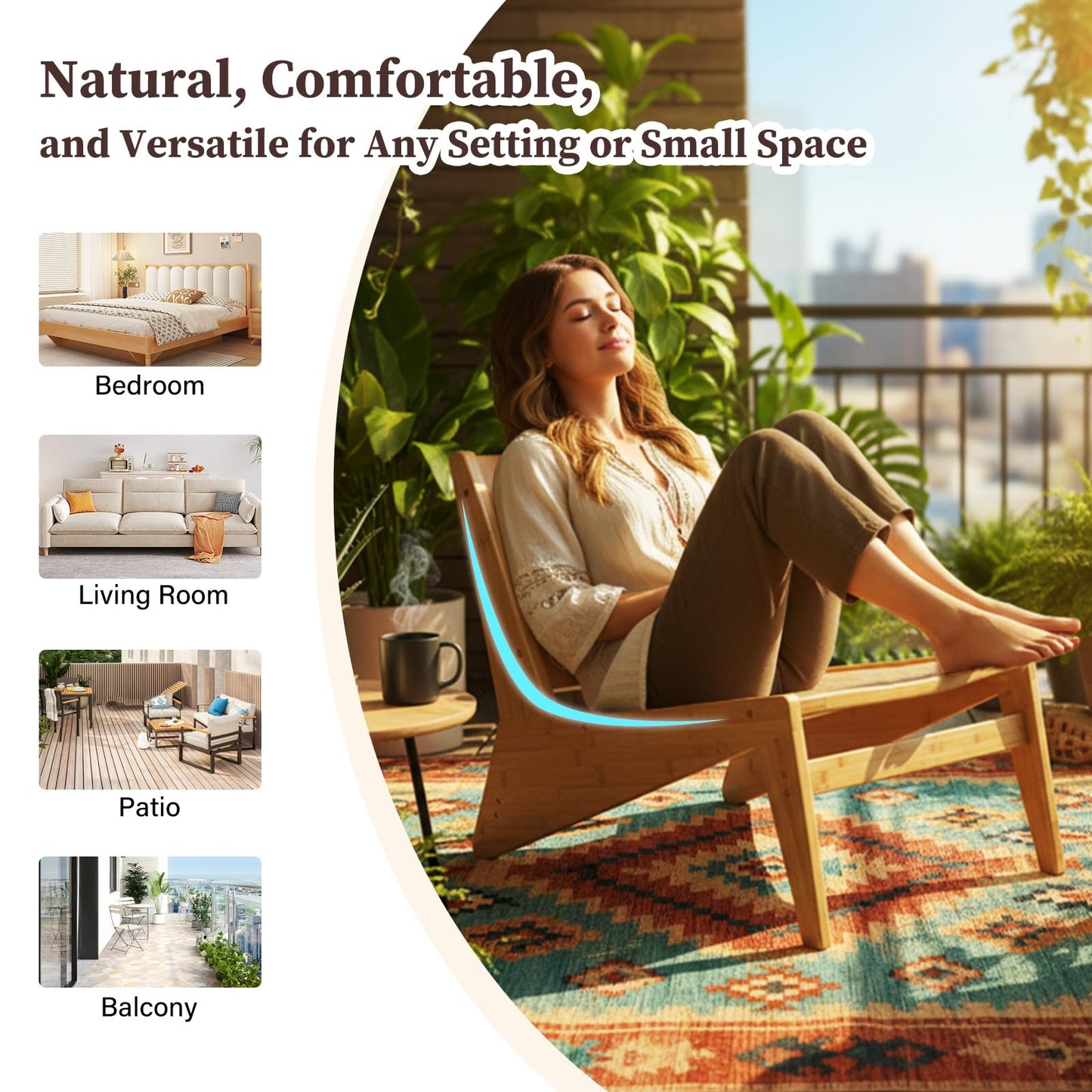 Furlide Rattan Accent Chair for Living Room, Mid Century Side Chair, Comfy Bamboo Chairs for Bedroom Reading Room, Wood