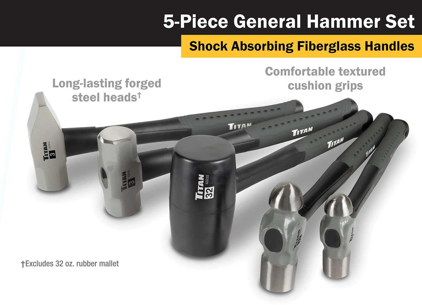 Titan 63125 5-Piece Hammer Set, Includes 16oz & 32oz Ball Pein, 32oz Rubber Mallet, 3lb Sledgehammer, & 3lb Cross Pein, Shock Absorbing Fiberglass Handles with Textured Grips